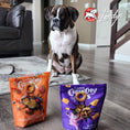 Load image into Gallery viewer, Dog sitting on a rug with two bags of Crunchy Frogs snacks in front of it, in Damascus Virgnia
