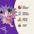 Load image into Gallery viewer, Cartoon pig character with dog treats packaging featuring text about the product's features.