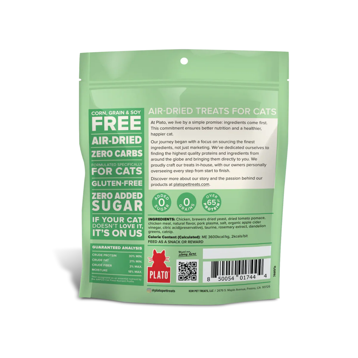PLATO CAT GRAIN FREE AIR DRIED TREAT CHICKEN & CATNIP 2.5OZ