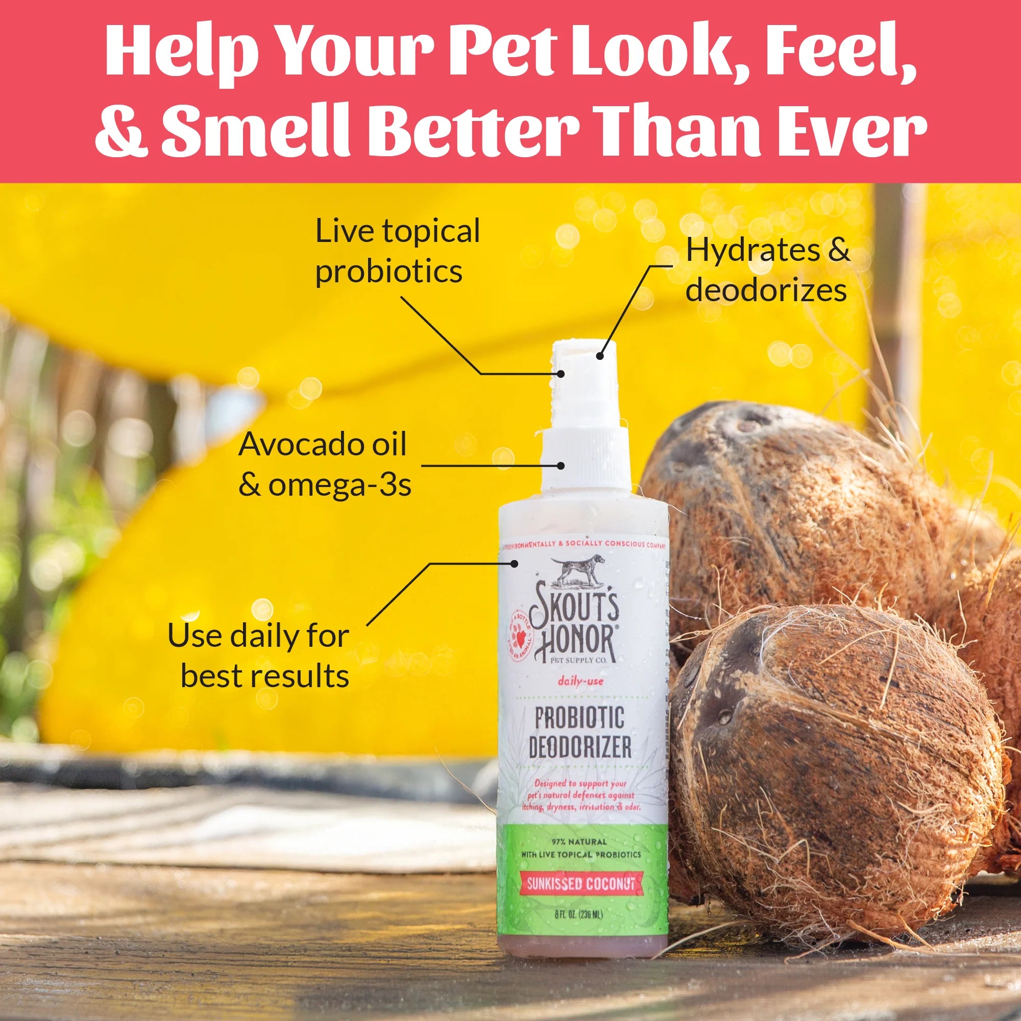 SKOUT'S HONOR DOG & CAT PROBIOTIC DEODORIZER SUNKISSED COCONUT 8OZ