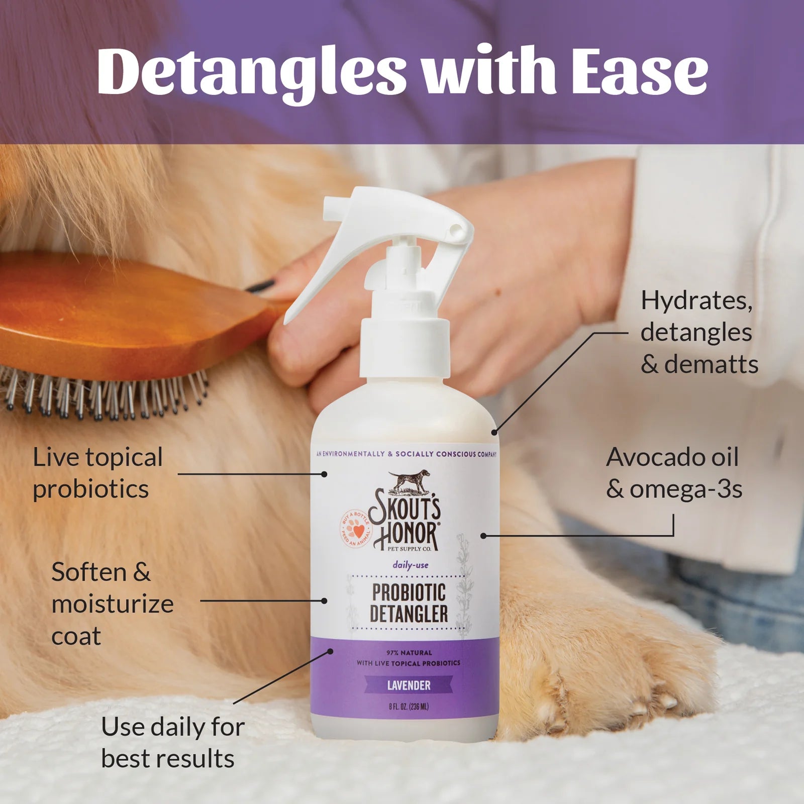 SKOUT'S HONOR DOG PROBIOTIC DETANGLER LAVENDER 8OZ