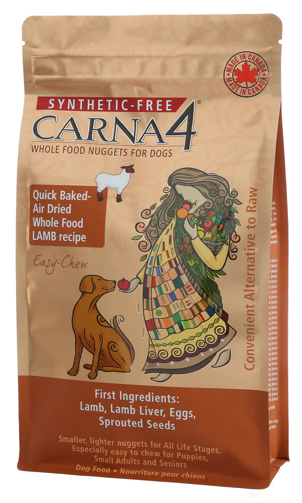Package of Carna4 whole food nuggets for dogs with a woman and dog illustration on a white background