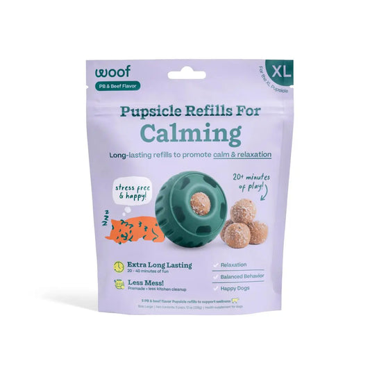 Package of Pupsicle Refills for Calming with a green toy and treats on a white background