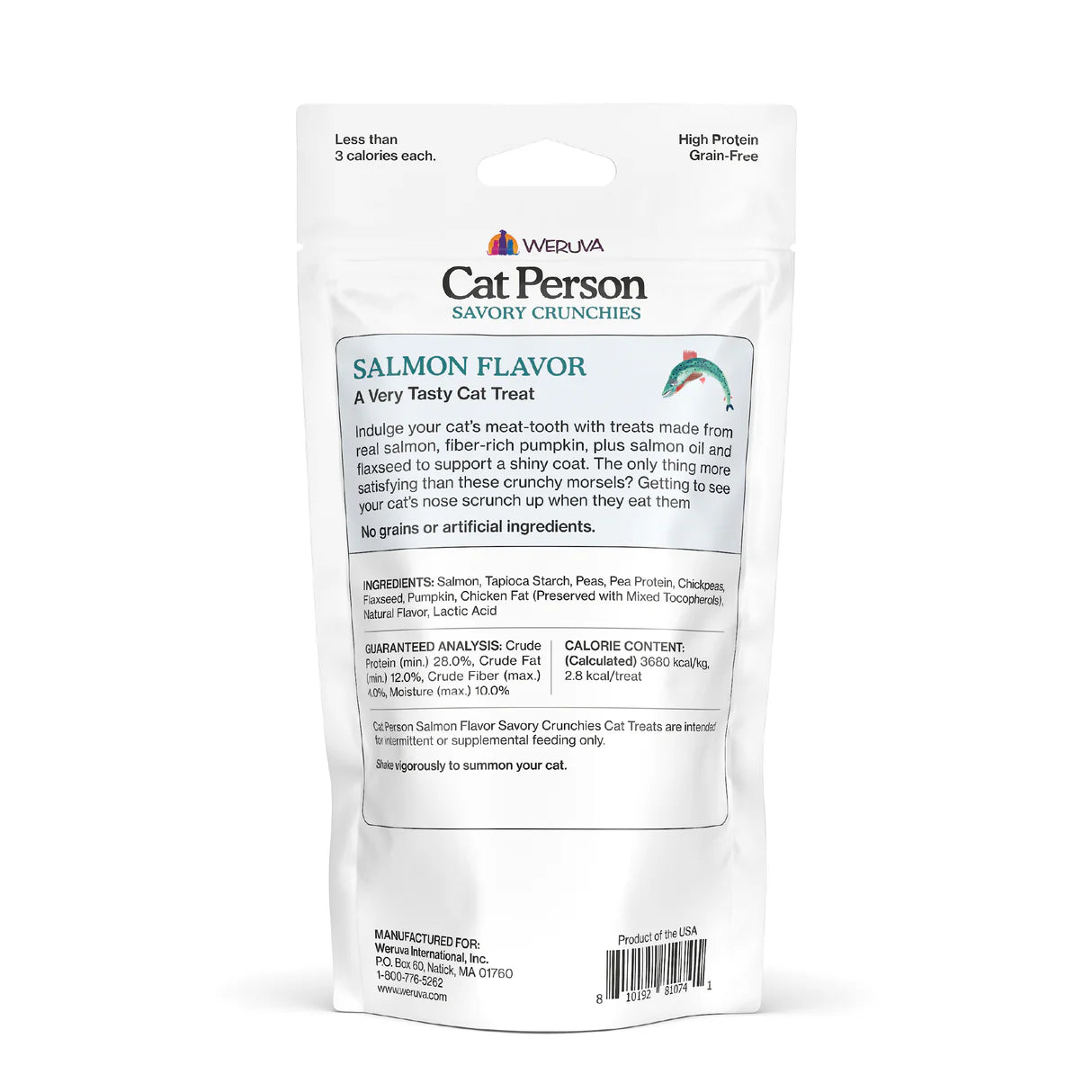 CAT PERSON CAT GRAIN FREE SAVORY CRUNCHIES TREAT SALMON 2OZ