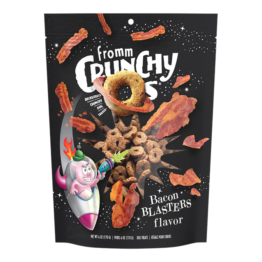 Package of Crunchy Bacon Blasters flavor fromm dog treats with space-themed design.