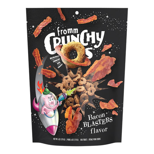 Package of Crunchy Bacon Blasters flavor fromm dog treats with space-themed design.
