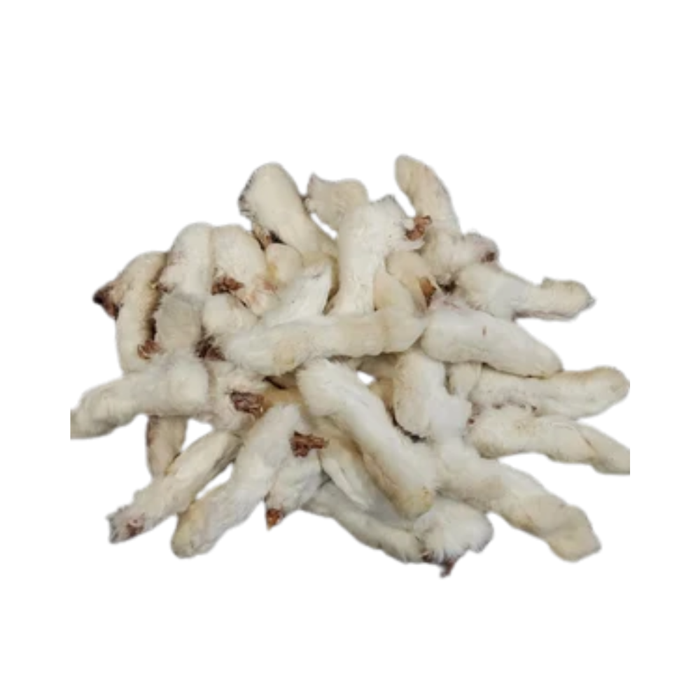 Whole prey dog treats - rabbit feet with fur for extra benefits and nutrition.